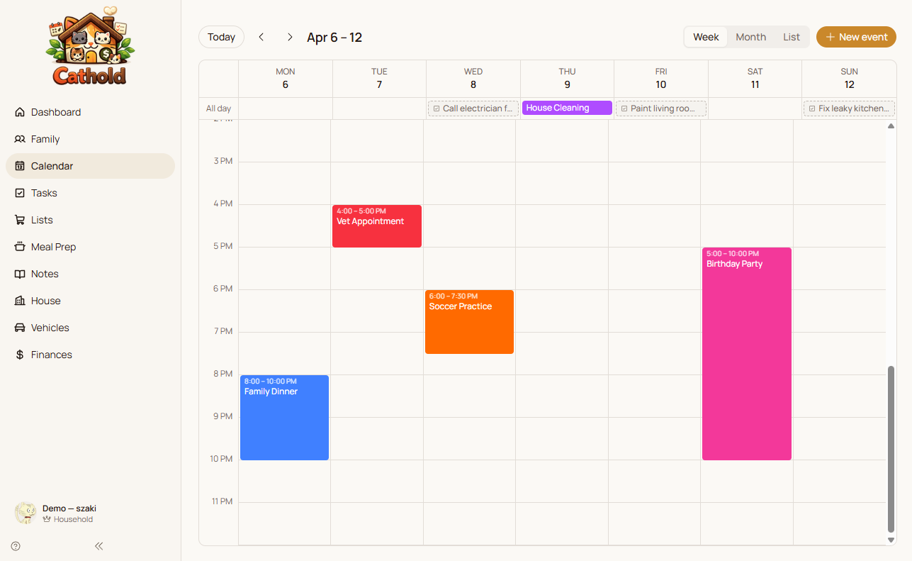 Cathold family calendar with color-coded events