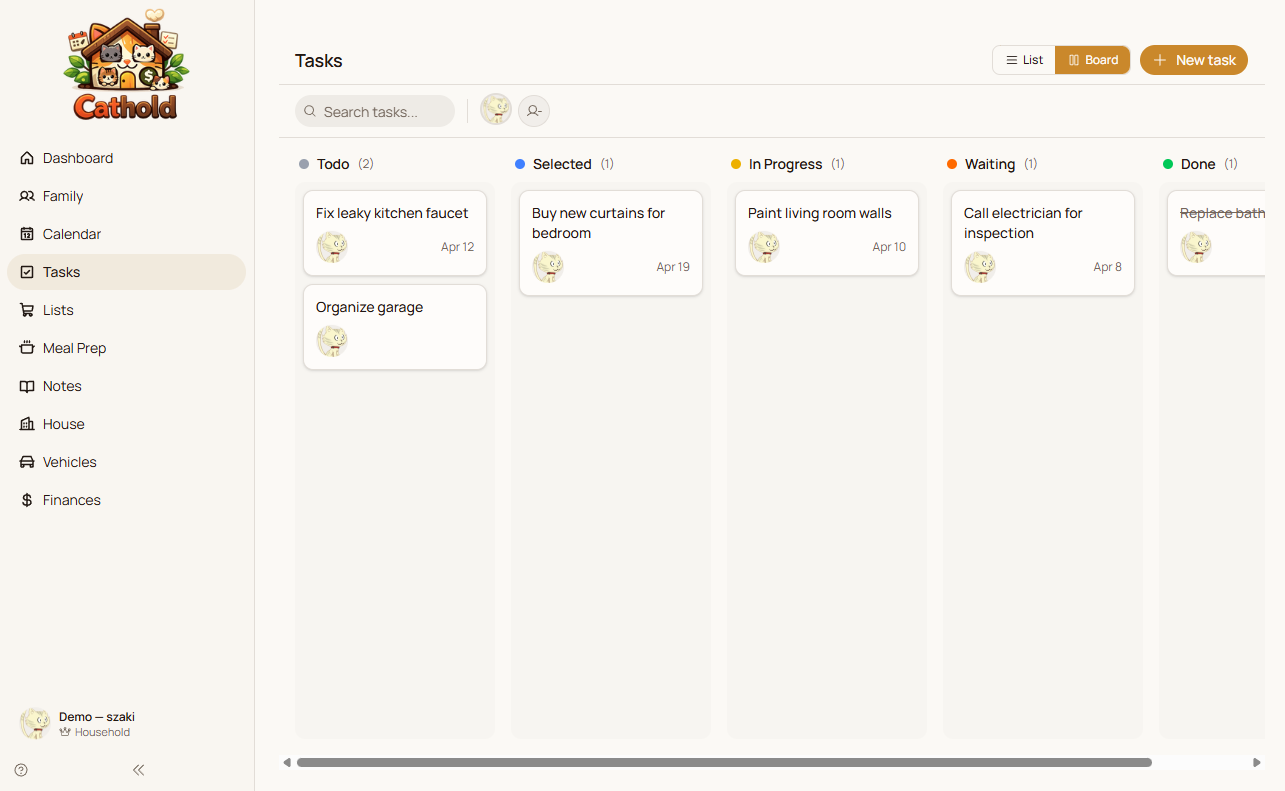 Cathold kanban task board with family tasks